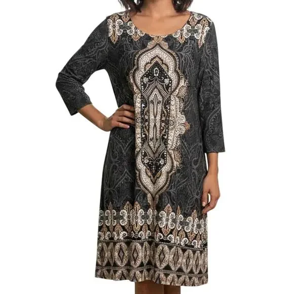 Charter Club Gray Brown Cream Filigree 3/4 Sleeve Sheath Dress Petite size L PL - Picture 2 of 9